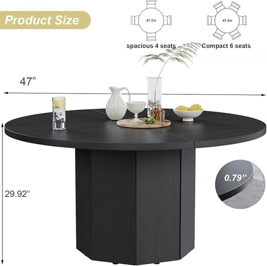 HSH Black Round Dining Table, 47” Modern Dinner Table only for 4-6 People, Modern Circle Kitchen Table for Home Living Room, Wood and Metal Dining Room Desk with Octagon Base, Black Oak, 47 Inch