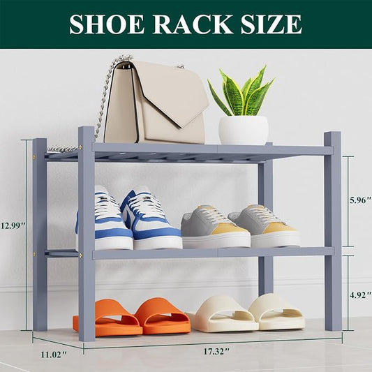 Smiry Small Bamboo Shoe Rack, 2 Tier Free Standing Wooden Shoe Organizer, Stackable Wood Shoe Storage Shelf for Closet, Entryway, 14 Vertical Slats, One-piece Heavy-Duty Legs, 17.3"x11"x13", Grey