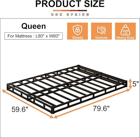 EMODA 5 Inch Box Spring Queen Size Bed Base, Heavy Duty Metal Queen Mattress Foundation with Fabric Cover, Easy Assembly, Black