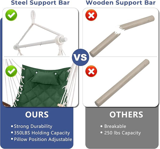 Hammock Chair Hanging Swing with Wooden Armrest,Steel Spreader Bar,Pillows,Hardware kit Included;Cotton Woven;Up to 350 Lbs,for Indoor Outdoor Green