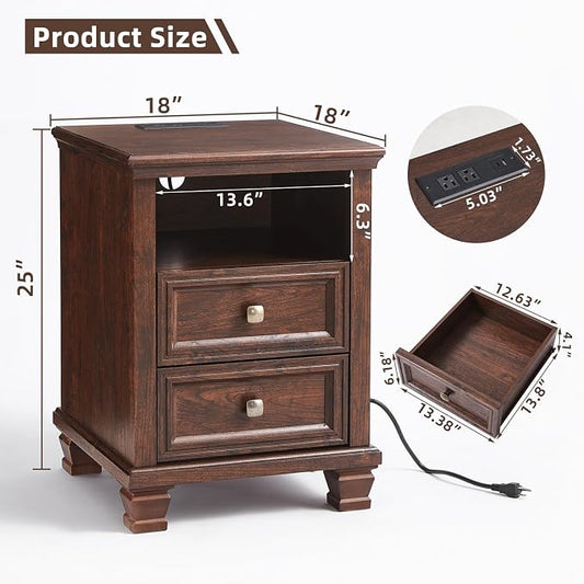 SAVOR LIFE Farmhouse Nightstand with Charging Station, Rustic Brown Nightstand, 2 Drawers End Table, Bedside Table with Open Shelf for Bedroom, Walnut