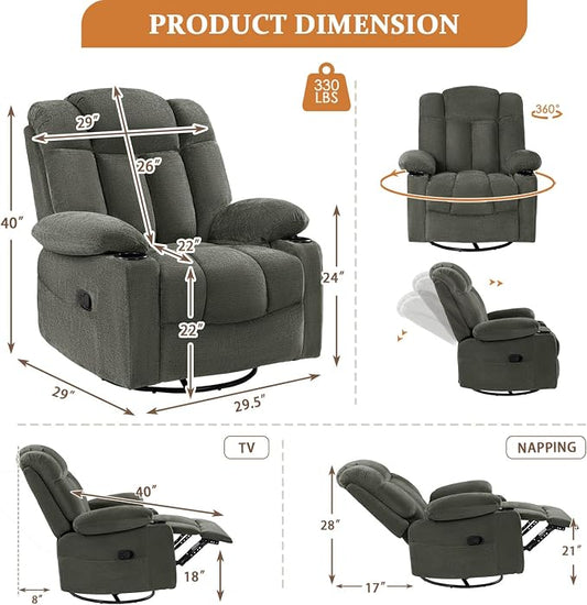 Swivel Rocker Recliner Chair for Adults – Manual Glider Sofa with Massage, Heat & Vibration, 360° Rocking for Living Room (Dark Gray, 30"x30"x40")