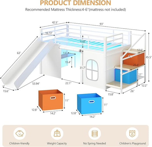 DICTAC Low Loft Bed with Slide,Storage Stairway and Led Lights Metal Twin Size Loft Bed with Under-Bed Play Space,Art Table & Play Curtain Twin Beds with 2 Drawers and 13.8''H Safety Guardrail,White