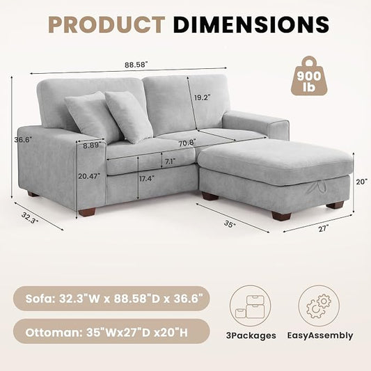 DOPEDIO L-Shaped Sectional Sofa with Storage Ottoman, Modern Chenille Recliner Loveseat, Removable Couch Covers, Pocket Spring Cushions, Solid Wood Frame, Easy to Install (88.58inch, Light Gray)