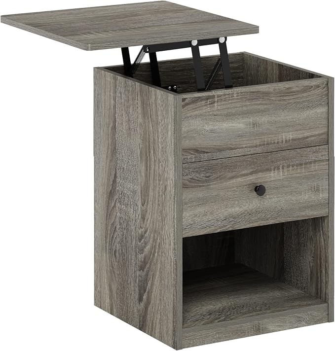 Furinno Jensen Lift Top Nightstand, French Oak Grey