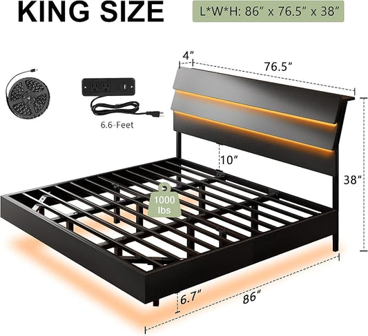 Feonase Floating Bed Frame King with Led Lights and Charging Station, Wood Full Size Bed Frame with Storage Headboard, Heavy Duty Metal Slats, No Box Spring Needed, Easy Assembly,Dark Black