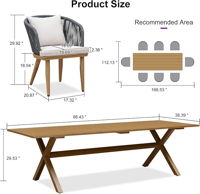 PURPLE LEAF 9 Pieces Patio Dining Set Wicker Outdoor Furniture Rectangular Table and Chairs Set for Garden Deck Teak-Finish Aluminum Frame Backyard Kitchen Set, Cushions and Pillows Included