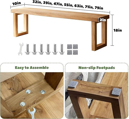 Narrow Farmhouse Bench Skinny Wooden Entryway Long Bench 32" 39" 47" 55" 63" 71" 79" Rustic Indoor Benches for Hallway Kitchen Dining Bedroom End of Bed Easy Assembly Natural Finish(63x10xH18")