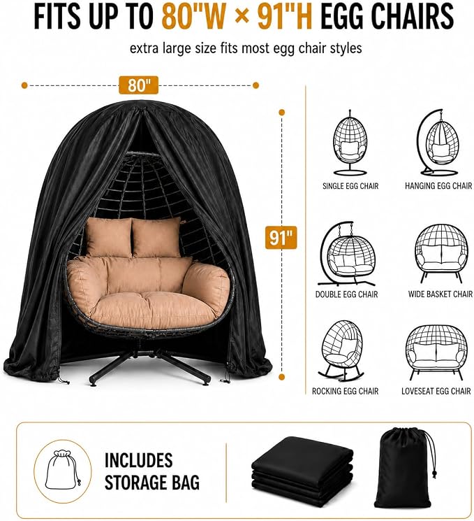 Double Egg Chair Cover Waterproof 420D Oxford Hanging Outdoor Furniture Covers for Patio Wicker Egg Swing Cocoon Chair, 91x80 Inches, Black