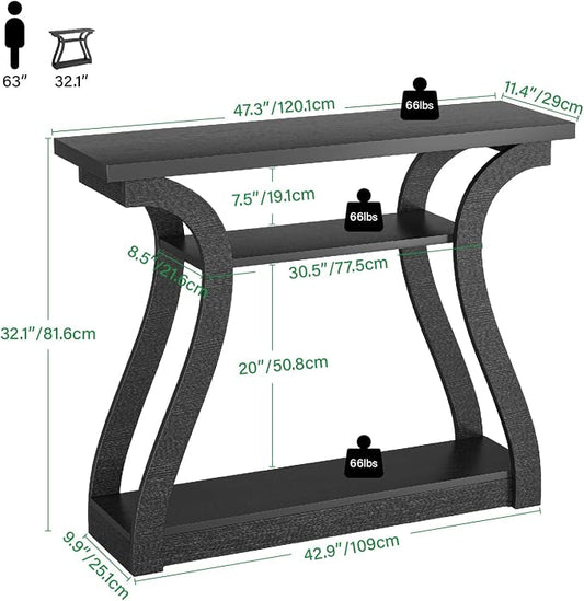 Wooden Console Table with Curved Legs and Shelf, 3-Tier Modern Accent Narrow Sofa Table for Entrance Area, Living Room, Hallway, 47 in Wide Wood Console Table for Entryway (Black)