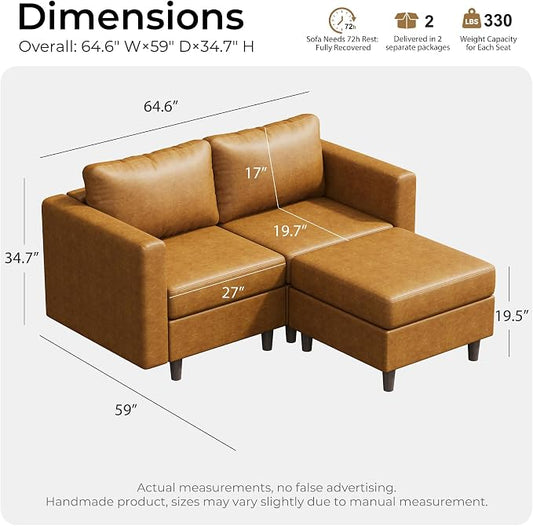 ABCASA Modular Sectional Loveseat Sofa Couch with Storage Seats, 3 Seater L Shaped Couch with Movable Ottoman for Small Spaces,Brown