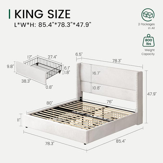 LARMACE King Size Bed Frame with 4 Storage Drawers Modern White Corduroy Upholstered Platform Bed Frame with Headboard Tufted Vertical Stripe &Wooden Slats Support, No Box Spring Need,Easy Assembly