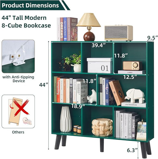 LEYAOYAO 8 Cube Bookshelf,3 Tier Bookcase with Legs,Dark Green Mid-Century Modern Bookshelves,Large Open Storage Organizer Shelf, Wooden Book Case