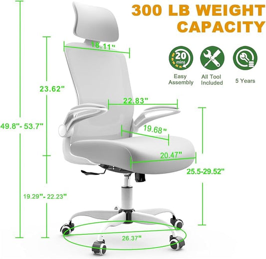 Mimoglad Office Chair, High Back Ergonomic Desk Chair with Adjustable Lumbar Support and Headrest, Swivel Task Chair with flip-up Armrests for Guitar Playing, 5 Years Warranty