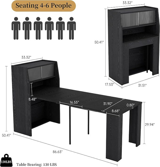 HIPIHOM 86.6" Extendable Dining Table for 4-6, MDF, Storage Cabinet | Retractable Console Table, Storage Cabinet for Kitchen or Dining Room, Ideal for Small Space, Apartment, Family Meal