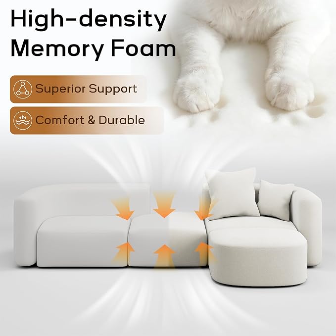 116" Modular Sectional Couches with Ottoman, Luxury Modern Curved Back Sofa, Minimalist Style Oversized 4 Seat Deep Comfy Convertible L Shape Boneless Couch for Living Room Office Studio Apartment