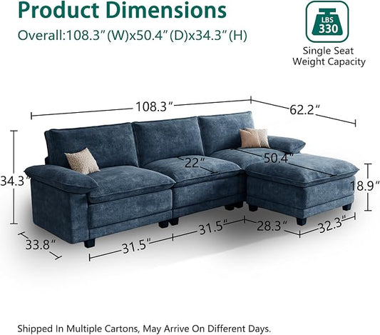 Modern L Shaped Sofa Couches for Living Room, Modular Sectional Cloud Couch with Movable Ottoman, Comfy Chenille Sofa for Apartment and Small Space,Blue