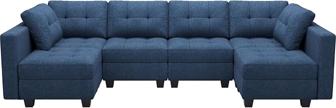 Belffin Modular U Shaped Sectional Sofa Couch with Reversible Chaises 6-seat Sectional Couch with Storage Seat Modular Sectional Set with Ottomans Blue