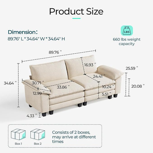 LINSY HOME 90" Modular Cloud Love Seat Sofa, Corduroy Soft Sectional Couch, Modern Comfy Love Seat, Perfect for Living Room, Apartment, Office, Beige