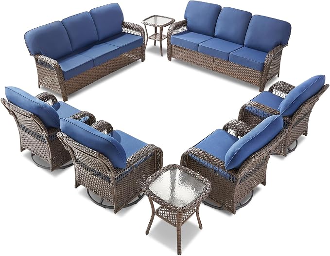 Belord Patio Chairs Set and 3-seat Sofa, Wicker Swivel Rocker Outdoor Chairs for Deck Yard and Poolside, 8 Piece Luxury Patio Furniture Set,Blue
