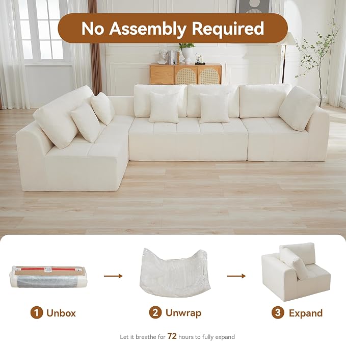 140''Cloud Boneless Couches for Living Room, Modular Sectional Compressed Sectional Sofa, Oversized L Shaped 5 Seater Upholstered Memory Foam Sofa, No Assembly, Chenille Beige