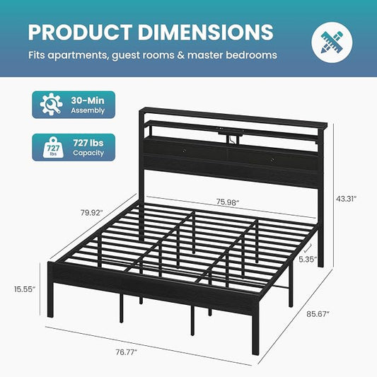 Sweetcrispy Bed Frame King Size with LED Lights and Charging Station, Sturdy Platform Beds Frame with Storage Drawers, 3-Tier Shelves and Under Bed Storage, No Box Spring Needed, Black