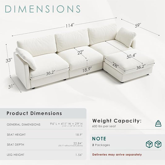 114" Cloud Couch Sectional Couches for Living Room Warm White | 10" High-Resilience Cloud Cushion, 36" Movable Ottoman, Plus-Size Friendly Couch, 28" Extra Deep Seat Sofa