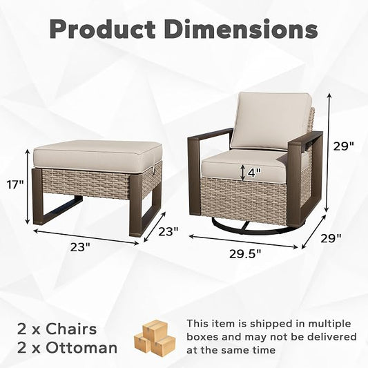 Joyside Outdoor Patio Swivel Rocker Chairs, 4 Pieces Wicker Furniture Set, 2 Swivel Rocking Chairs and 2 Ottoman, Metal Wide Armrest, Thick Cushions and Deep Seating for Garden, Backyard, Porch, Deck
