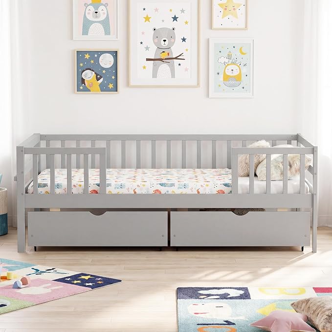 Giantex Full Kids Bed with Storage Drawers, Wood Montessori Bed with Rails & Side Shelf, Low Daybed Bed Frame for Boys Girls, No Box Spring Needed (Grey)