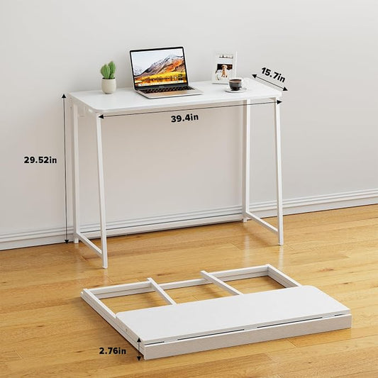 WOHOMO Folding Desk, Small Writing Desk 39.4", Space-Saving Foldable Laptop Table Writing Workstation for Home Office, Easy Assembly, White