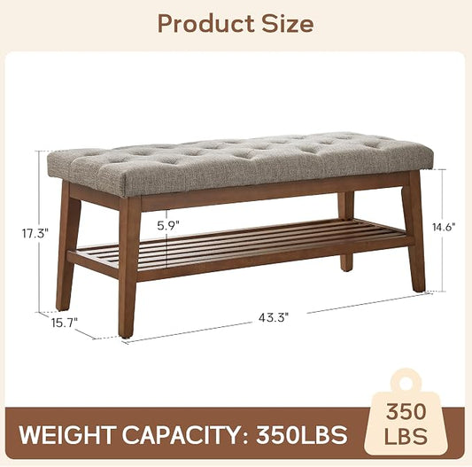 HUIMO Entryway Shoe Bench, End of Bed Bench,Upholstered Button-Tufted Bench for Kitchen, Fabric Ottoman Bench for Living Room, Padded Bench with Solid Wood Shelf,Brown