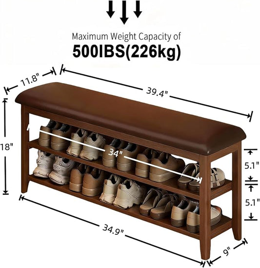 Shoe Bench Storage with Leather Cushion, Rustic Solid Wood Entryway Bench with 2 Height-Adjustable and Removable Shelves for Hallway, Living Room, Mudrooms (Dark Brown,39.4")