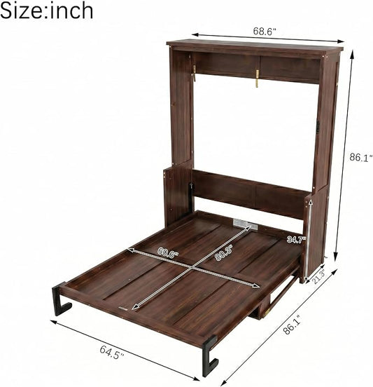 PVWIIK Murphy Multifunctional Bed Frame with Storage Shelf & Wooden Slat Support Mattress Foundation for Adult,Girls,Boys,Queen Size Murphy Bed,Wood Hidden Wall Bed Space-Saving Cabinet,Walnut