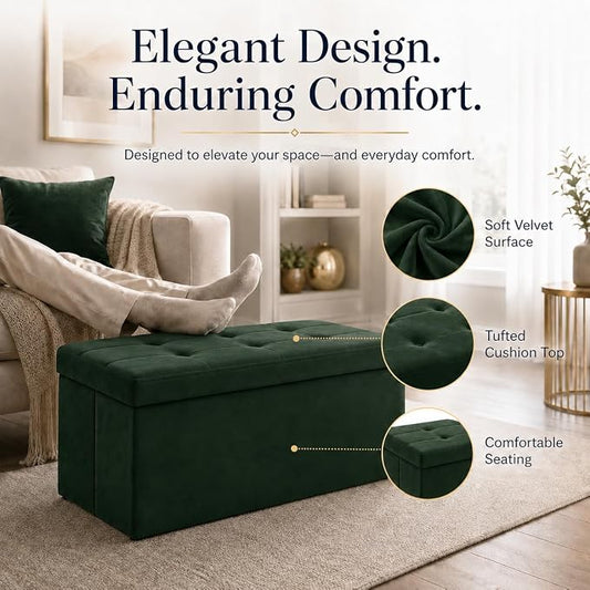 ALASDO 30 Inch Folding Storage Ottoman Bench with Hidden Storage, Velvet Storage Ottoman Foot Rest Stool, End of Bed Bench for Bedroom, Living Room, Entryway and Closet, Dark Green
