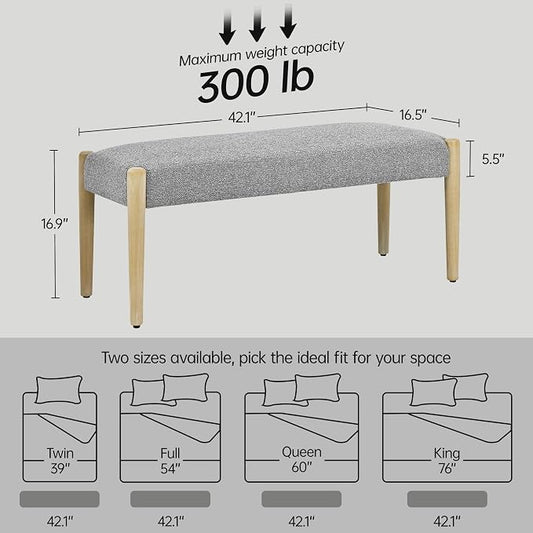 Usaint 42" End of Bed Bench, Modern Upholstered Bedroom Bench with Rubberwood Legs, Entryway Bench with Cushion, Dining Bench for Living Room, Bedroom, Grey with Oak Leg