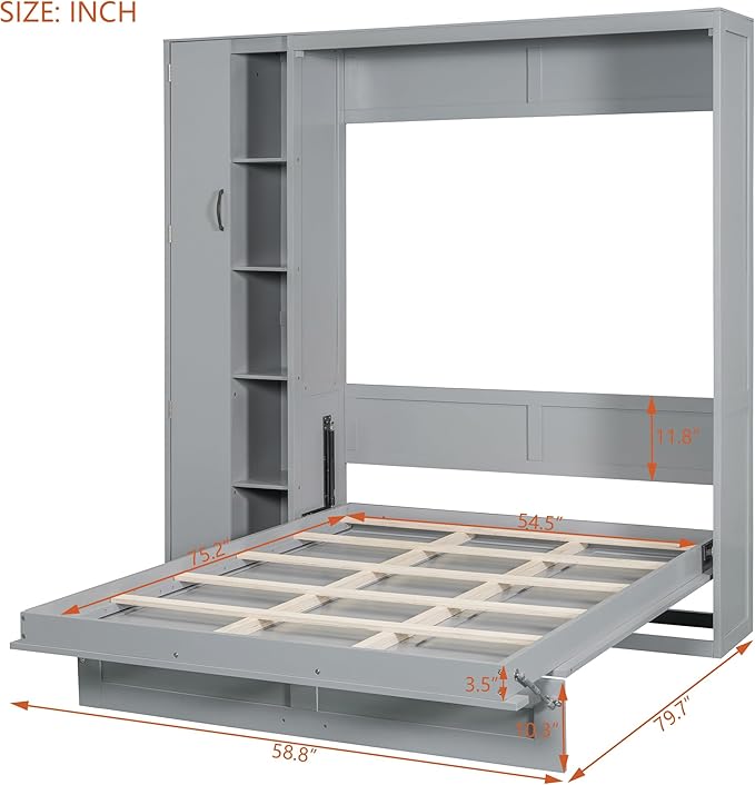 Merax Full Size Murphy Bed Wall Bed with Shelves, Drawers and LED Lights,Gray