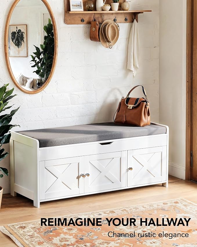 Amada Shoe Storage Bench, Entryway Bench with Cushioned Seat & Lift Top Storage, 3 Doors, Adjustable Shelf, 300 lbs Capacity, Bench with Shoe Rack for Entryway, Bedroom, Living Room, White