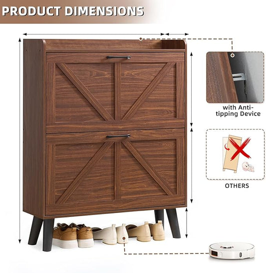 LEYAOYAO Shoe Cabinet Storage for Entryway with 2 Flip Drawers Rack Narrow Organizer Slim Hidden Wood Shoe Cabinet Furniture Walnut