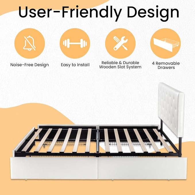 SHA CERLIN Upholstered Queen Platform Storage Bed Frame with 4 Drawers, Adjustable Headboard with Faux Leather Diamond Button Tufted Design, Wooden Slat Support, No Box Spring Needed, White