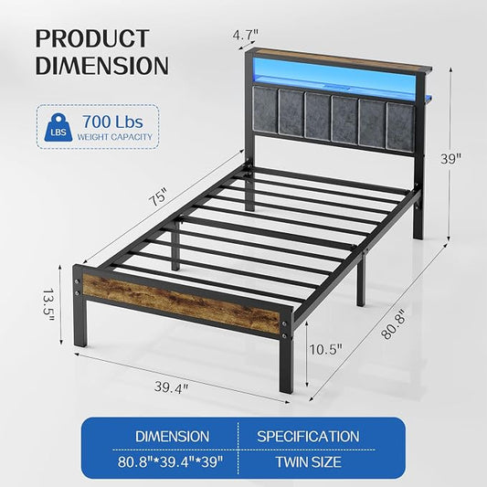 Liians Twin Size Platform Bed Frame with LED Lights, Grey Upholstered Headboard with 2-Tier Storage Shelves, Charging Station, Noise Free, No Box Spring Needed, Easy Assemably