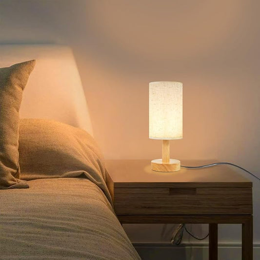Small Bedside Table Lamp for Bedroom,Natural Round Wood Base&Fabric Linen Shade,Cozy Night Table Light for Study Reading,Minimalist Boho Desk Lamp for Nightstand,Living Room,Nursery,Kitchen,Dorm
