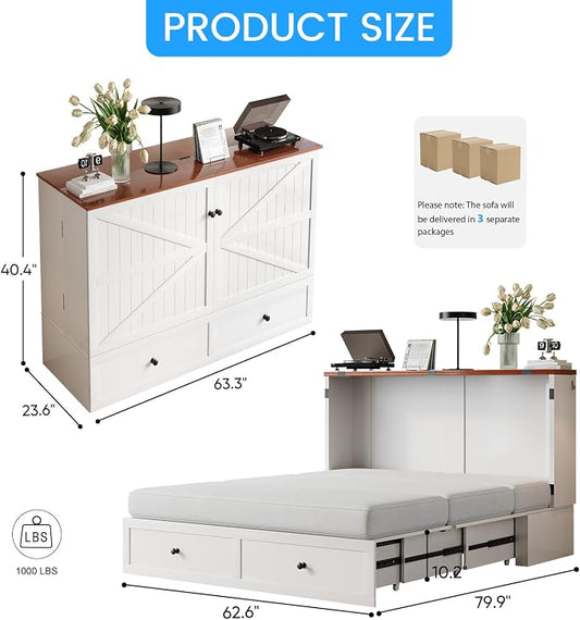 PUREMIND Murphy Bed Queen, Farmhouse Frames Cabinet Beds Chest with Charging Station & Storage Drawers, Convertible Hideaway Cabinet Bed for Guest Room, White, Without Mattress