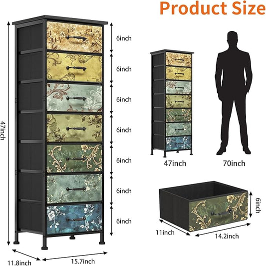 Fixwal Vintage Flower Tall Dresser for Bedroom, Storage Dresser Organizer with 7 Fabric Drawers, Nightstand Furniture in Closet, Entryway