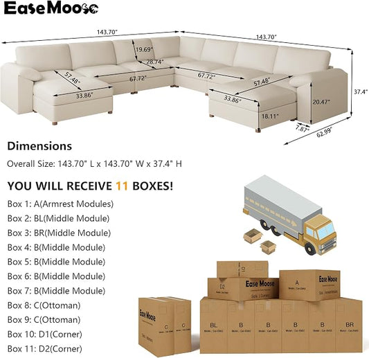 EASE MOOSE Faux Leather Sectional Couch, Oversized Modular Sofa, Modern Comfy Modular Couch, Scratch Resistant Material Sofas, U Shaped Couch for Big Spaces, Beige