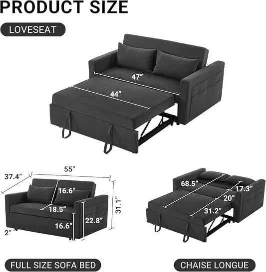 55.5" Fabric Convertible Sofa Bed, Pull Out Sleeper Sofa Bed, Loveseat Couch with Side Pocket, 3 in 1 Convertible Sleeper Sofa Bed for Living Room, Apartment, Bedroom, RV, Black