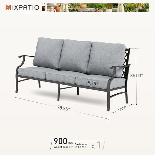 MIXPATIO Patio Couch Metal 3-Seat Outdoor Sofa Deep Seating Outdoor Furniture Grey Cushion for Front Porch, Deck, Balcony, Backyard, Sunroom
