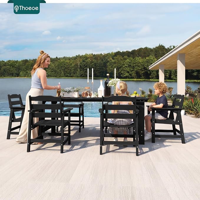 THOEOE 5 Piece Outdoor Dining Set, Patio Dining Table and 4 Chairs, All-Aluminum Frame, All-Weather HDPE Outdoor Furniture with Umbrella Hole for Garden, Lawn, Poolside, Black