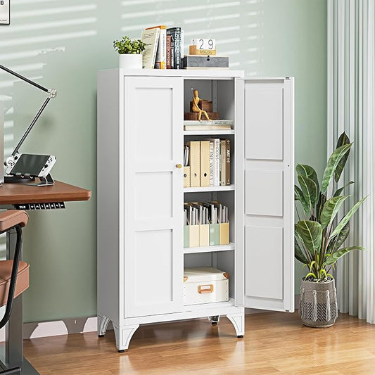 Letaya 47.3" H Metal Storage Cabinet with 2 Doors and 3 Shelves,Freestanding Bathroom Floor Cabinets,Kitchen Pantry Cabinets,Utility Pantry Organizers for Cupboard/Dining/Home Office/Garage,White
