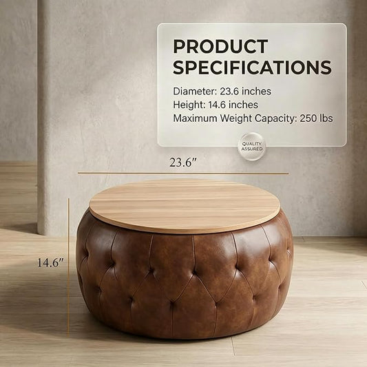 Round Storage Ottoman Coffee Table with Wooden Tabletop, 25 Inches Leather Ottoman for Living Room, Bedroom, Apartments (Brown)