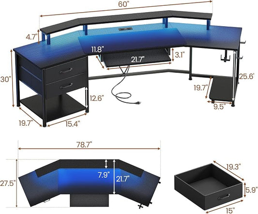 Itaar 79" Gaming Desk with 2 Fabric Drawers, Long Computer Desk with Power Strip & LED Lights, U Shaped Desks with Storage and Cup Holder, Large Gaming Table for Bedroom, Carbon Fiber Black
